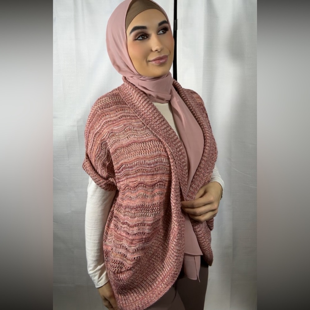 CHRISTOPHER&BANKS Wmns Multicolor Open Front Cuffed S/S Loose Knit Cardigan sz L